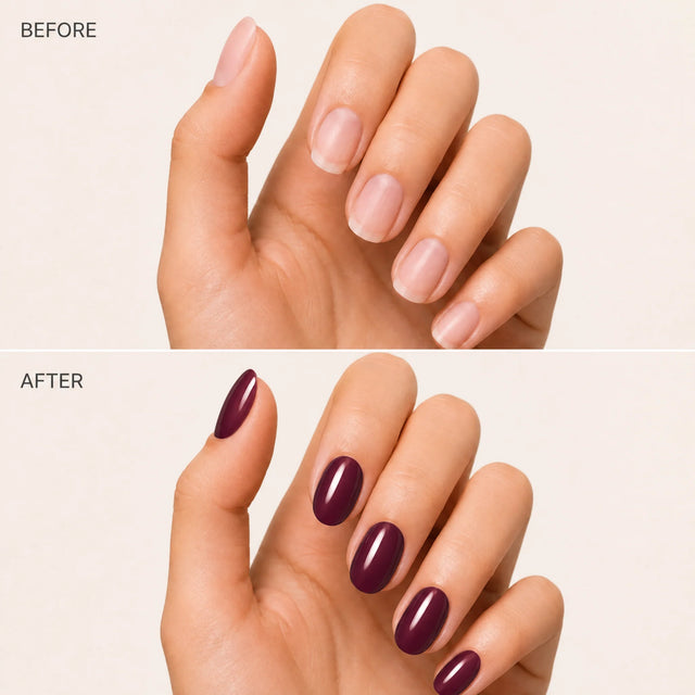 Wine Press-On Nails, Short Oval — Before / After (fond crème)