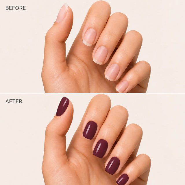 Wine Press-On Nails, Short Square — Before / After (fond crème)